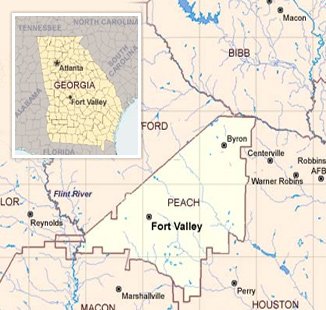 Map of Byron Georgia showing proximity to Fort Valley Macon Perry and Warner Robins